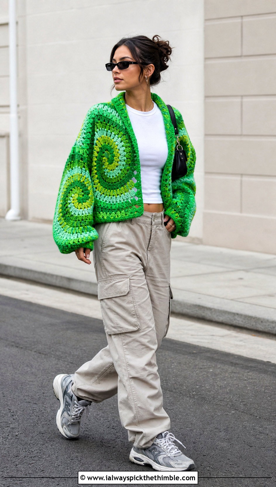 Spiral Granny Square Sweater With Cargo Pants - 15 Crochet Oversized Granny Square Sweater outfit ideas