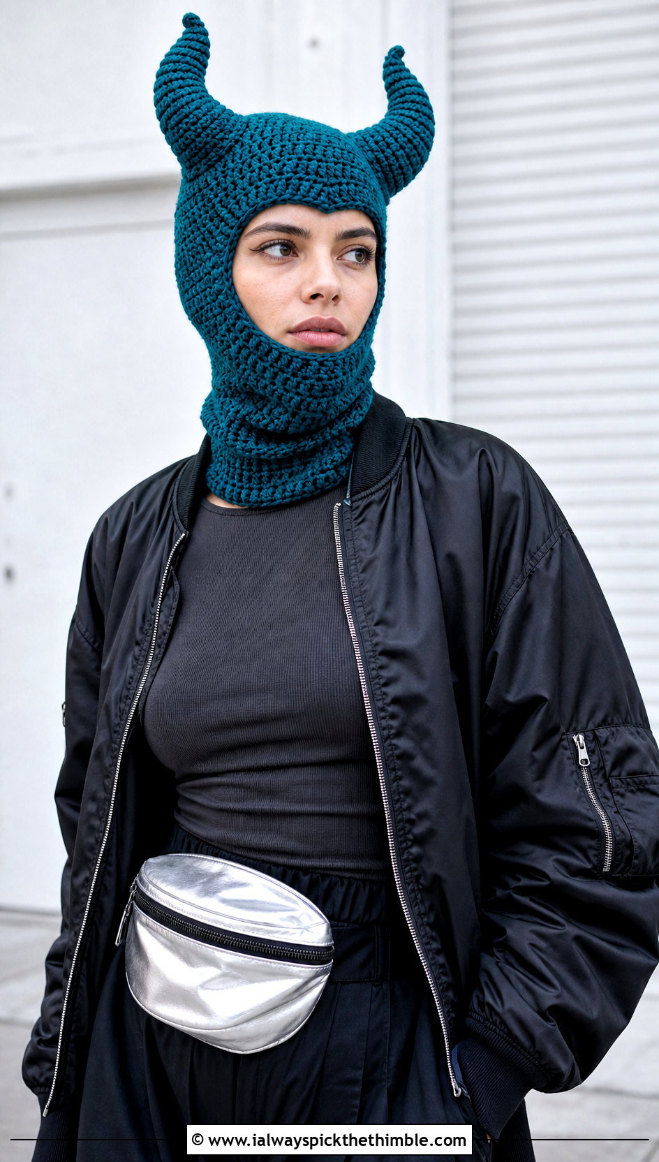 Spiral Horn Crochet Devil Horn Balaclava With Bomber Jacket - 20 crochet devil horn balaclava outfit ideas