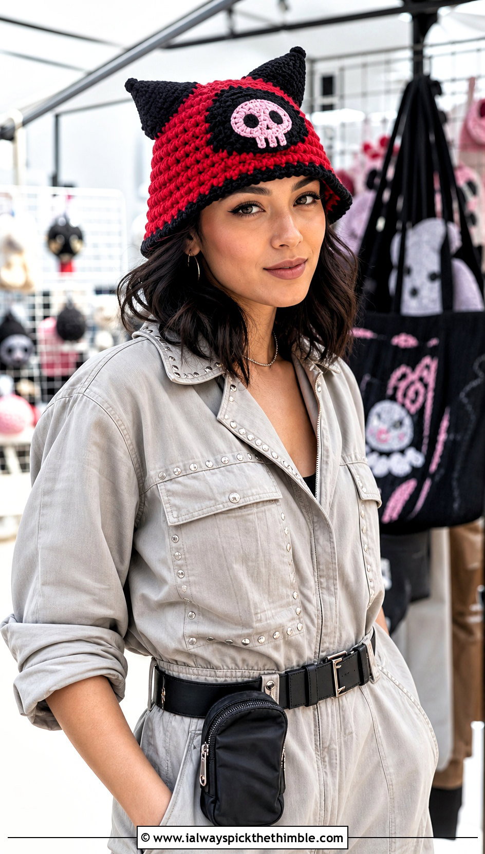 Spiral Kuromi Crochet Bucket Hat With Utility Jumpsuit - 15 Kuromi Crochet Bucket Hat outfit ideas