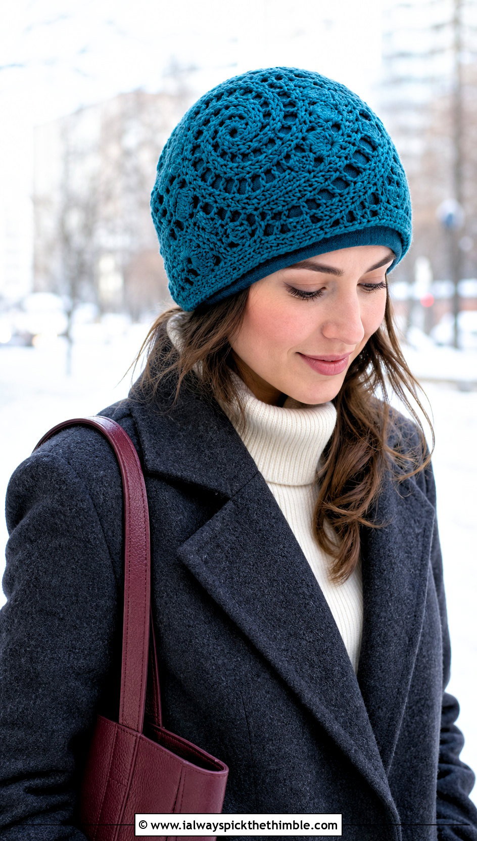 Spiral Lace Crochet Beanie With Long Wool Coat - 20 crochet lace beanie outfit ideas
