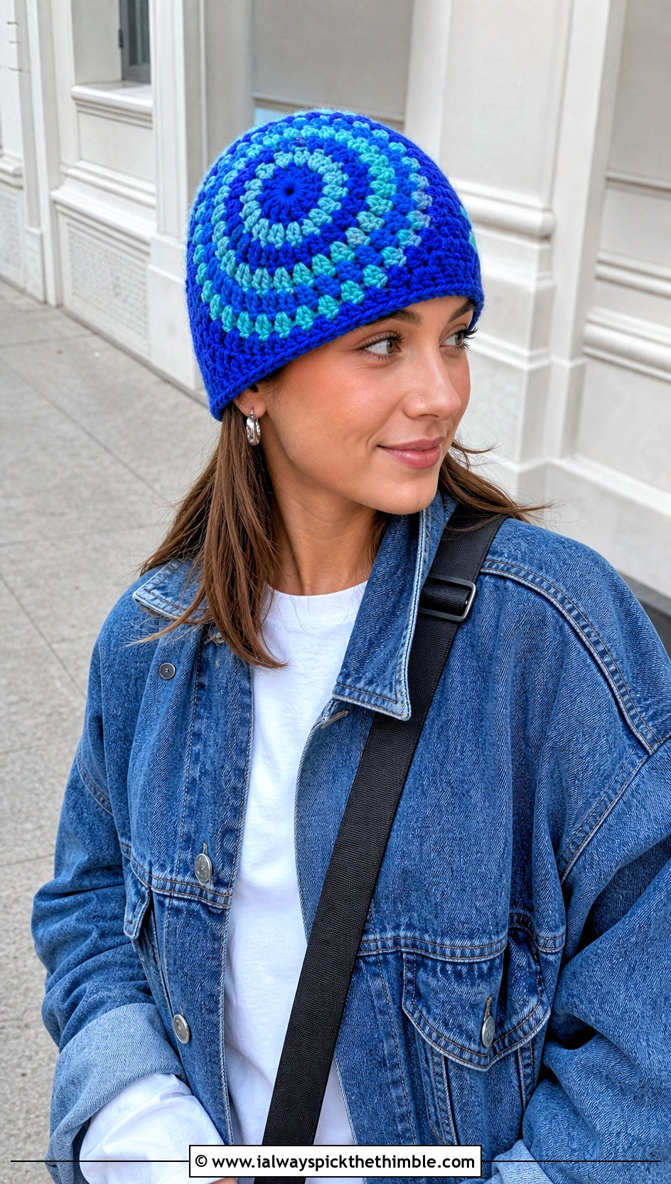 Spiral Mandala Crochet Beanie With Denim Jacket - 20 Mandala Crochet Beanie outfit ideas
