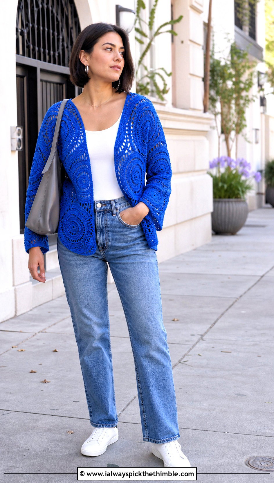 Spiral Motif Freeform Crochet Sweater With Straight Leg Jeans - 20 freeform crochet sweater outfit ideas