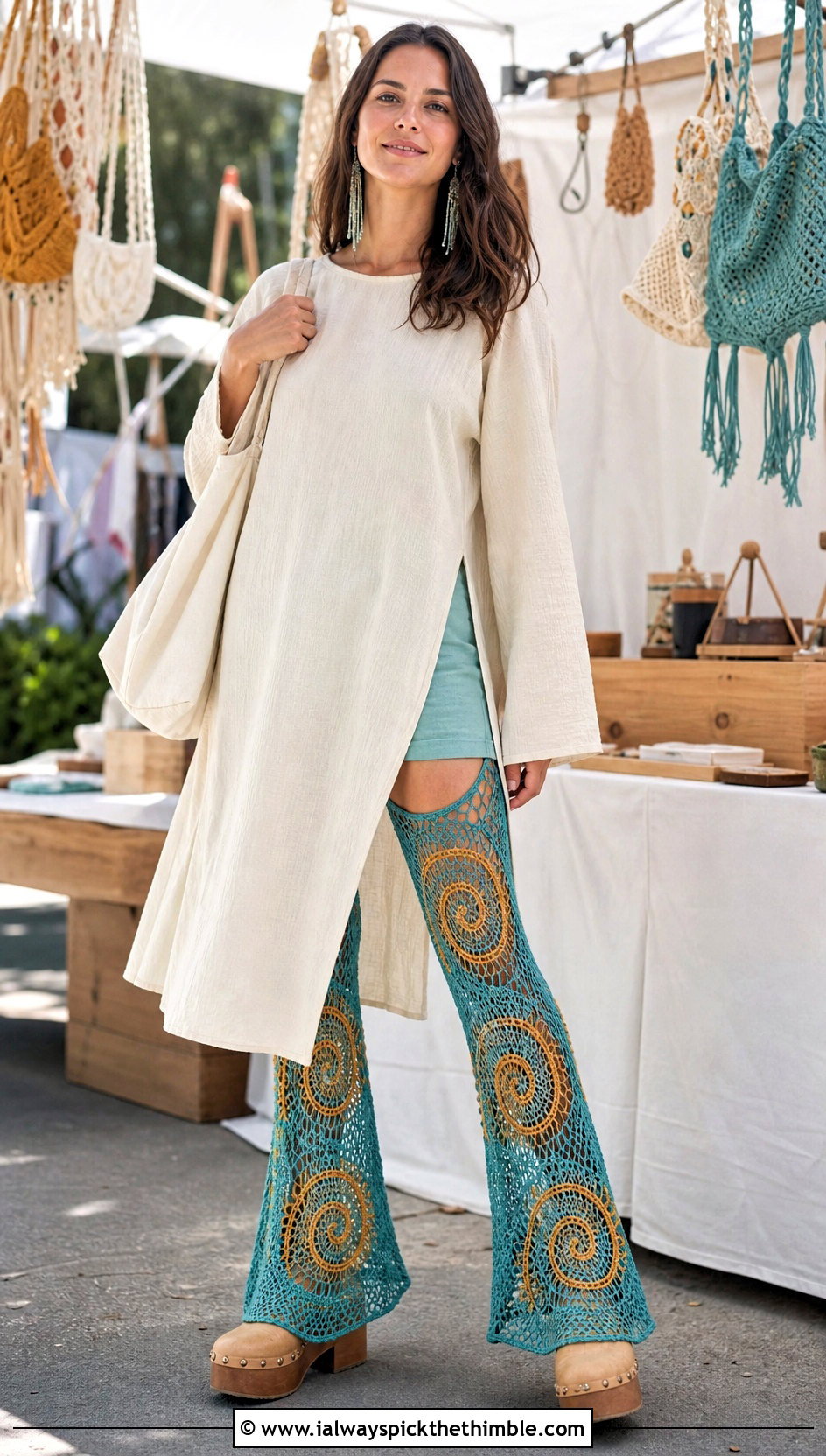 Spiral Motif Mesh Flare Pants With Long Tunic - 20 Crochet Mesh Flare Pants outfit ideas