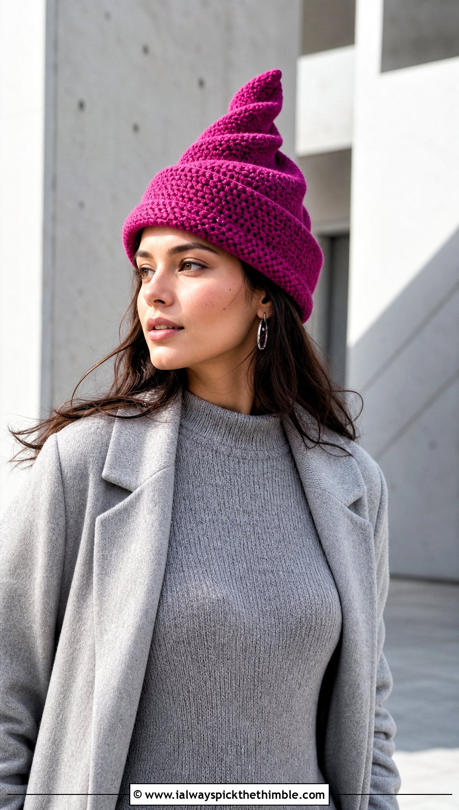 Spiral Point Crochet Hat With Monochrome Knit Set - 20 Pointed Crochet Hat outfit ideas
