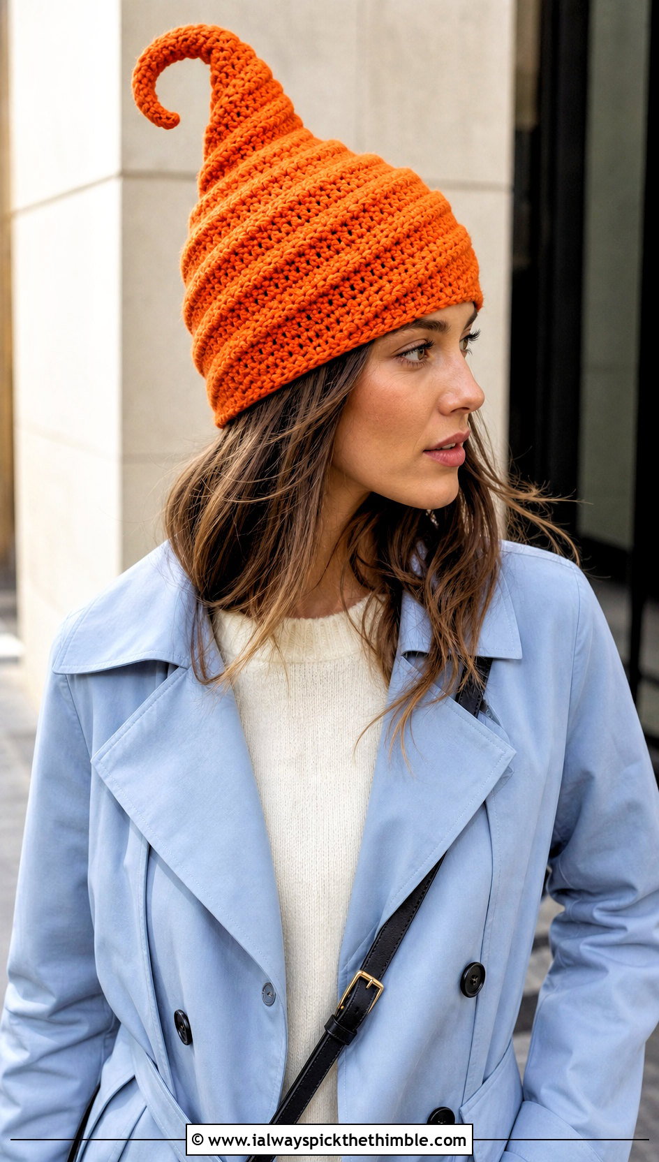 Spiral Point Crochet Hat With Trench Coat And Straight Leg Pants - 20 pointy crochet hat outfit ideas