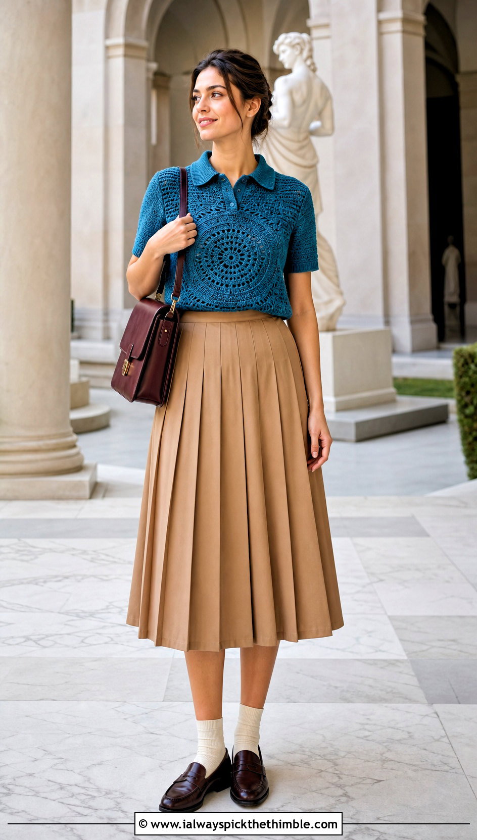 Spiral Polo Top With Pleated Skirt - 20 crochet spiral top outfit ideas