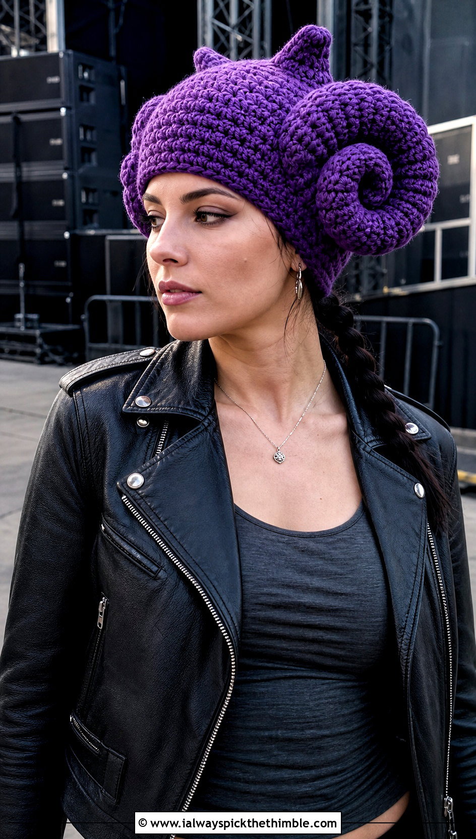 Spiral Ram Horn Crochet Beanie With Leather Jacket - 20 Crochet Horned Beanie outfit ideas