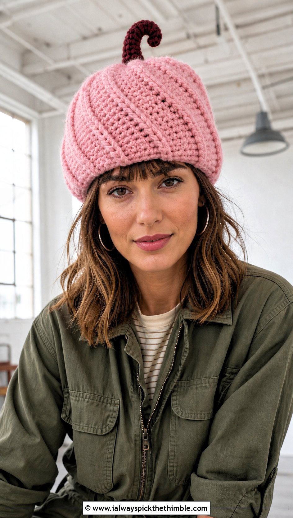 Spiral Rib Crochet Pumpkin Beanie With Utility Jumpsuit - 20 crochet pumpkin beanie outfit ideas