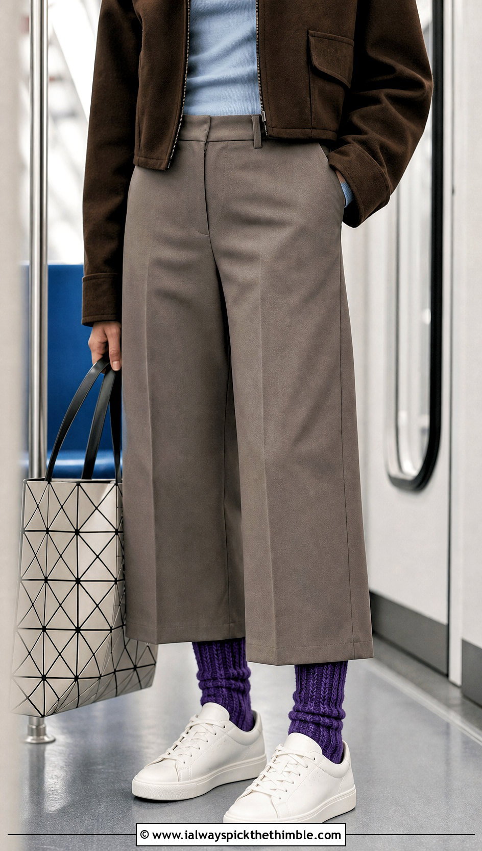 Spiral Rib Crochet Wool Socks With Wide Leg Trousers - 20 Crochet Wool Socks outfit ideas