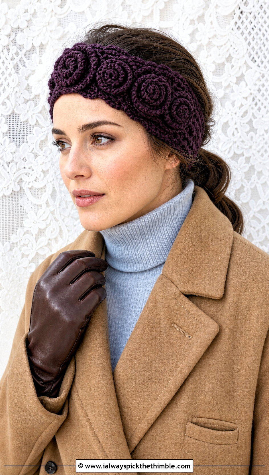 Spiral Rosette Crochet Headband With Wool Coat - 15 crochet flower headband on lace background outfit ideas
