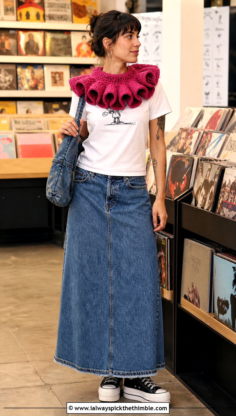 Spiral Ruffle Crochet Clown Collar With Graphic T Shirt And Denim Skirt - 25 crochet clown collar outfit ideas