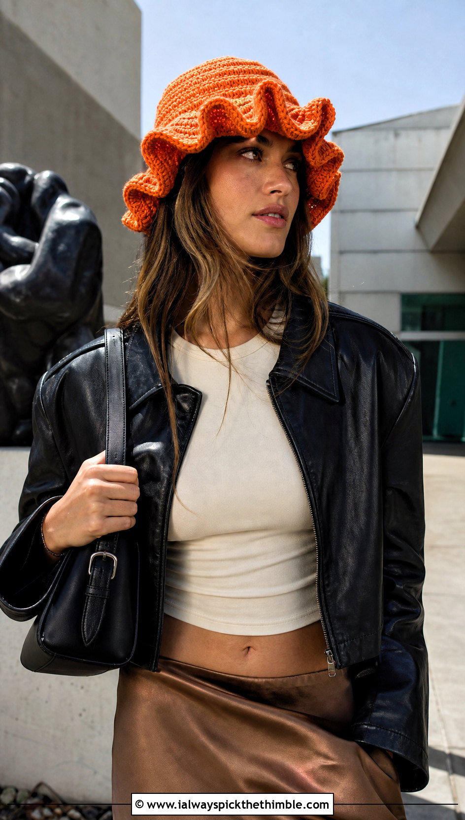 Spiral Ruffled Crochet Bucket Hat With Leather Jacket And Satin Skirt - 20 ruffled crochet bucket hat outfit ideas