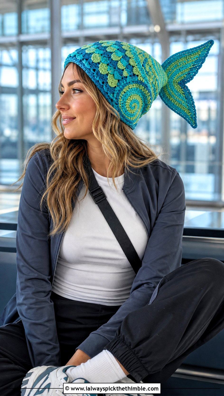 Spiral Scale Mermaid Tail Crochet Hat With Track Pants - 15 Mermaid Tail Crochet Hat outfit ideas