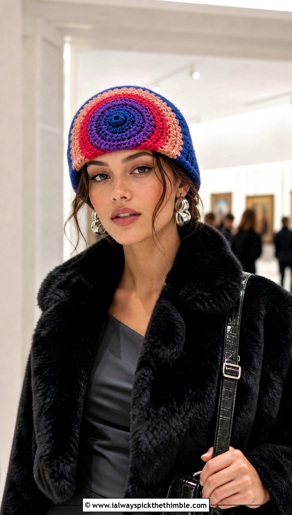 Spiral Scrap Crochet Beanie With Faux Fur Coat And Column Dress - 25 crochet scrap beanie outfit ideas