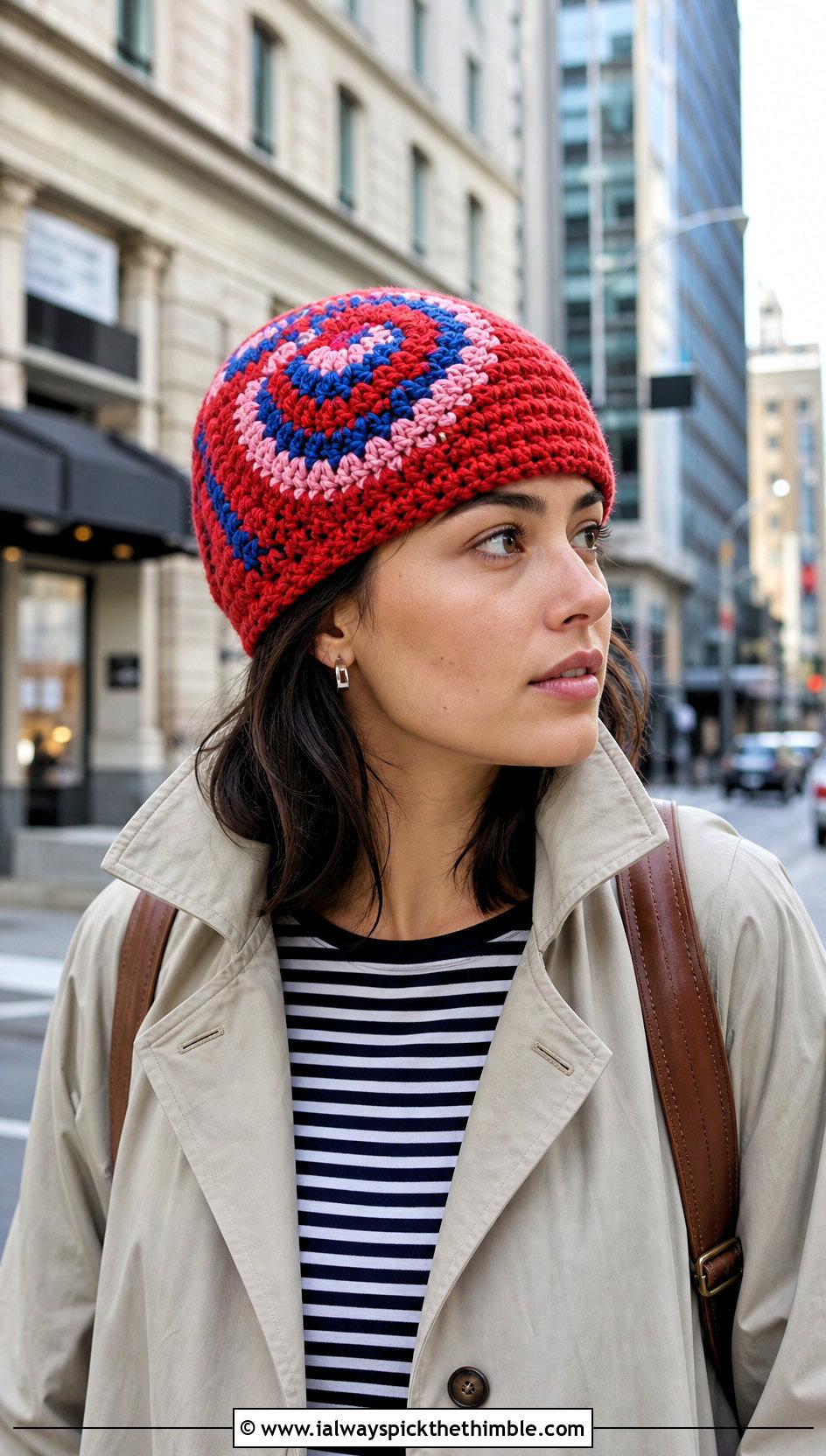 Spiral Scrap Yarn Crochet Beanie With Trench Coat - 20 scrap yarn crochet beanie outfit ideas
