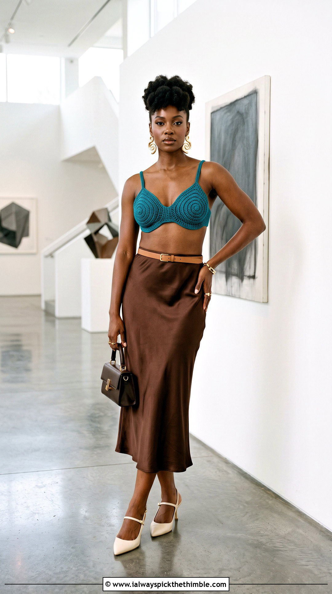 Spiral Seashell Bra With Satin Midi Skirt - 20 crochet shell bra outfit ideas