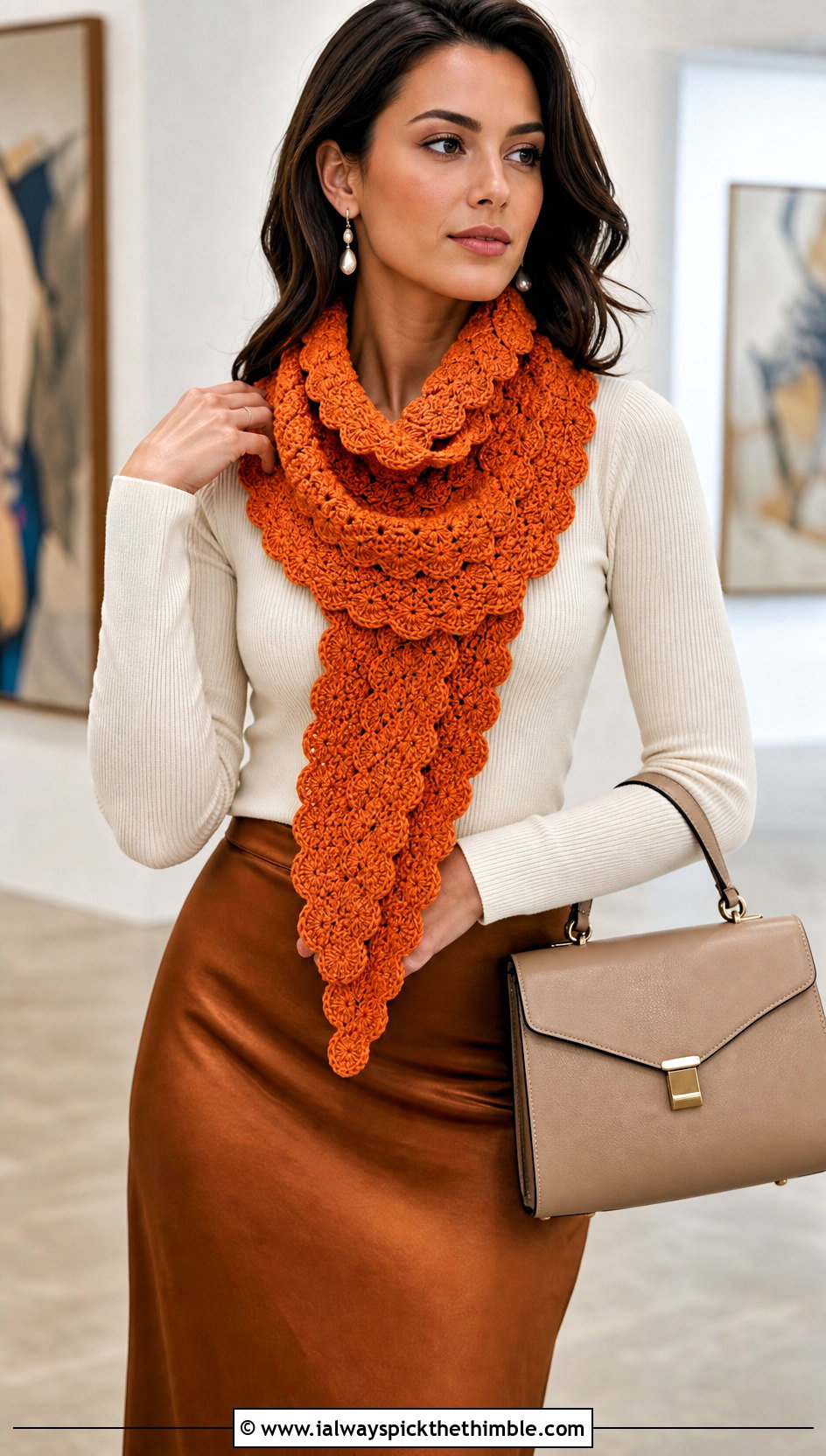 Spiral Shell Crochet Scarf With Satin Midi Skirt - 15 easy spiral crochet scarf outfit ideas