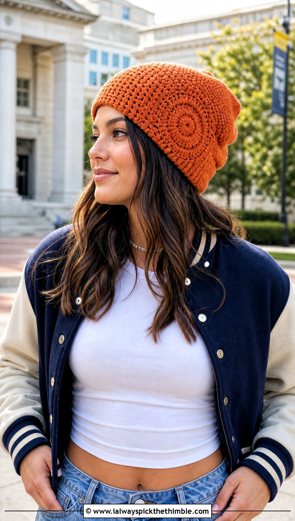 Spiral Slouch Crochet Beanie With Varsity Jacket - 20 slouch crochet beanie outfit ideas