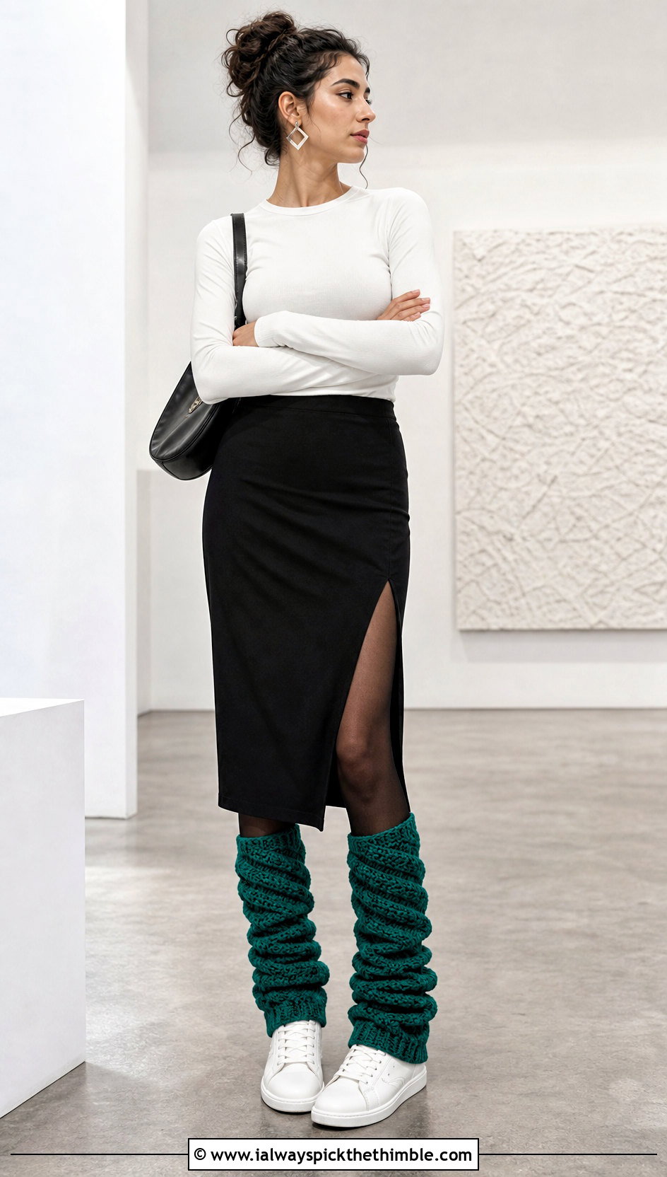 Spiral Stitch Chunky Crochet Leg Warmers With Column Skirt And Sneakers - 20 chunky crochet leg warmers outfit ideas