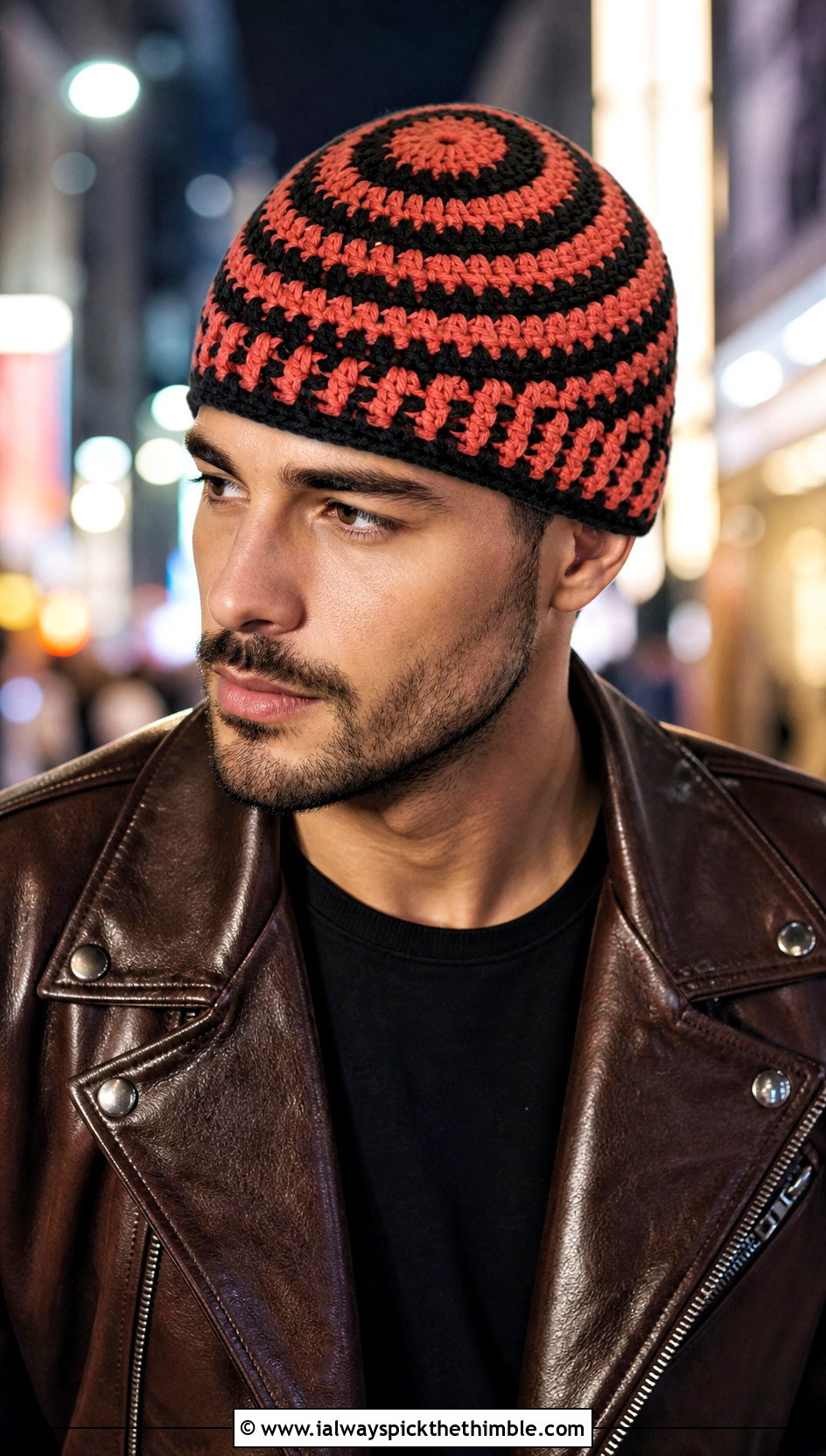 Spiral Stitch Crochet Beanie With Moto Jacket - 25 men's crochet beanie outfit ideas