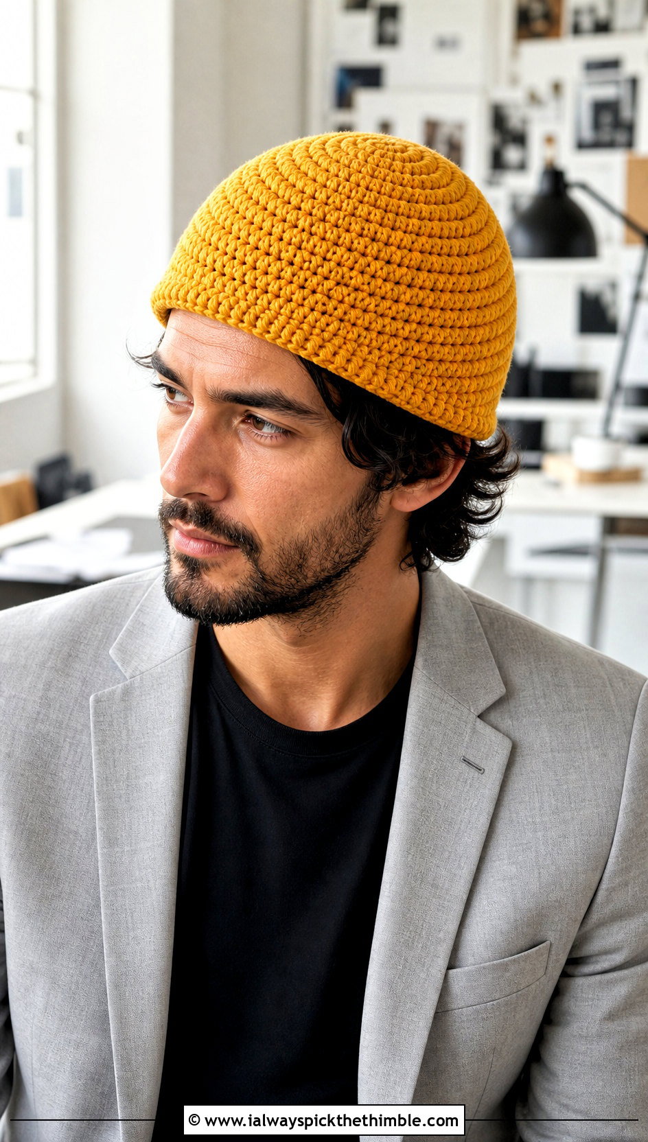 Spiral Stitch Crochet Beanie With Relaxed Suit - 20 mens crochet hats men's beanie outfit ideas