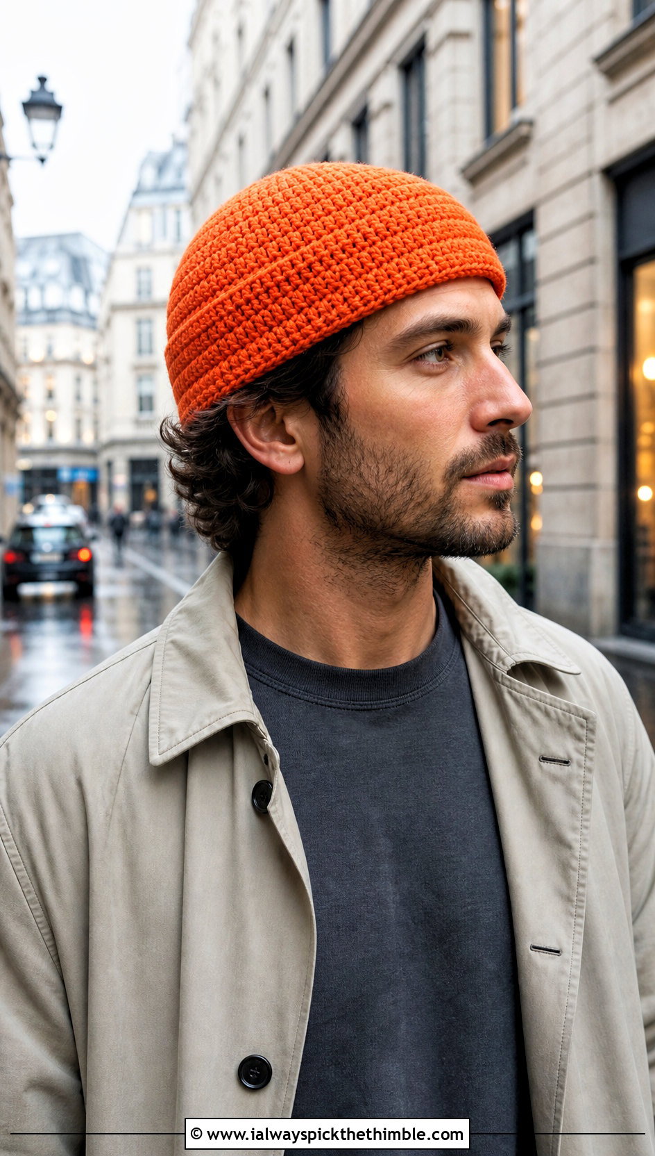 Spiral Stitch Crochet Beanie With Trench Coat - 20 easy crochet beanie for men outfit ideas
