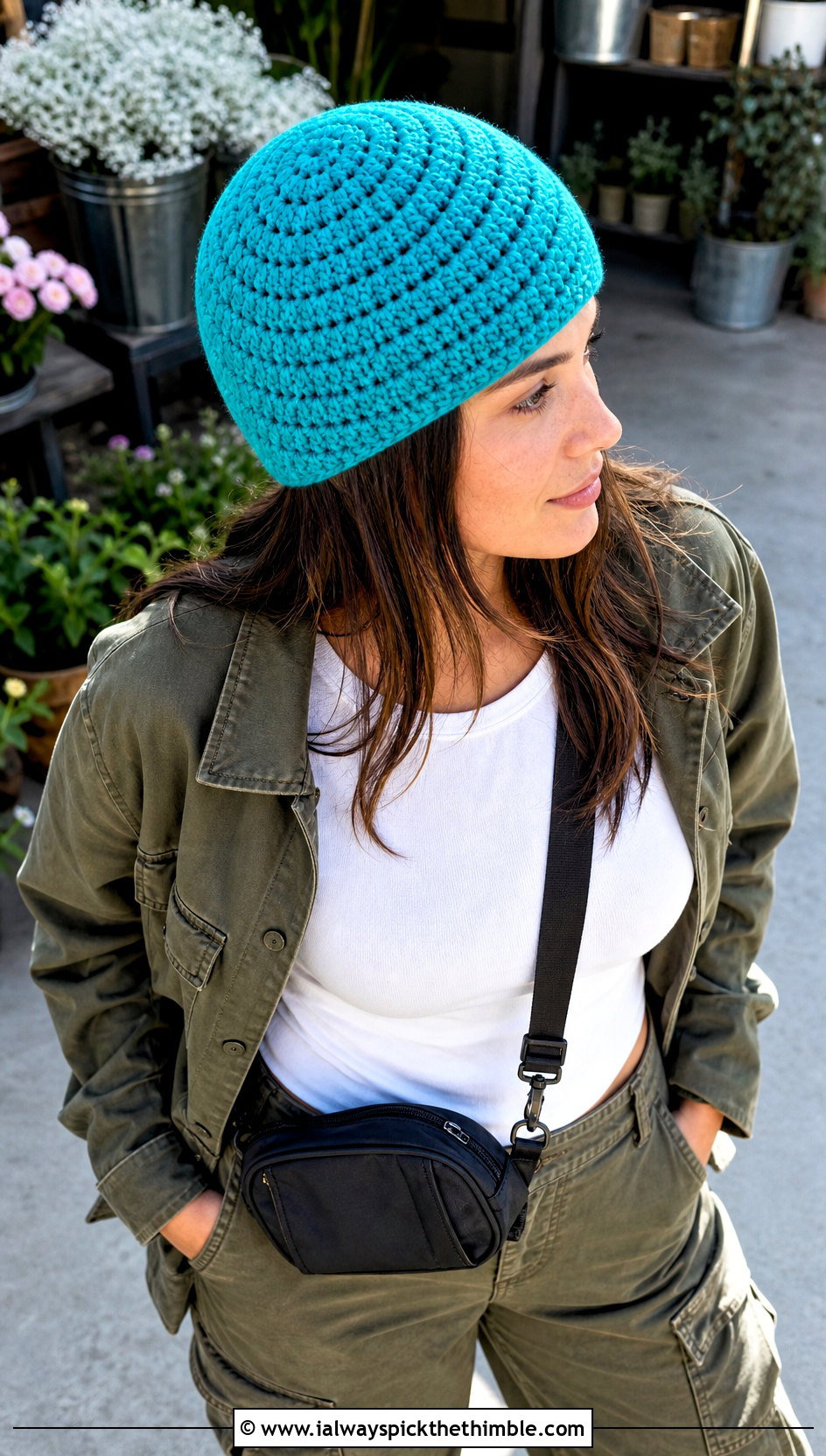 Spiral Stitch Crochet Beanie With Utility Jacket - 20 classic crochet beanie outfit ideas