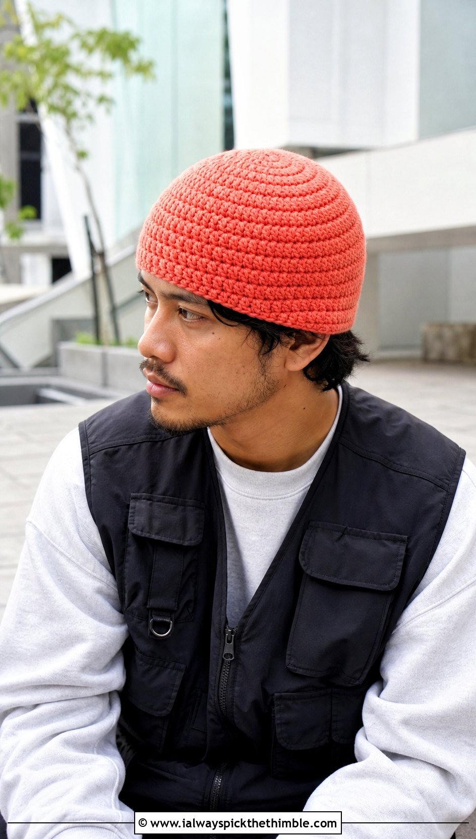 Spiral Stitch Crochet Beanie With Utility Vest - 20 crochet man beanie outfit ideas