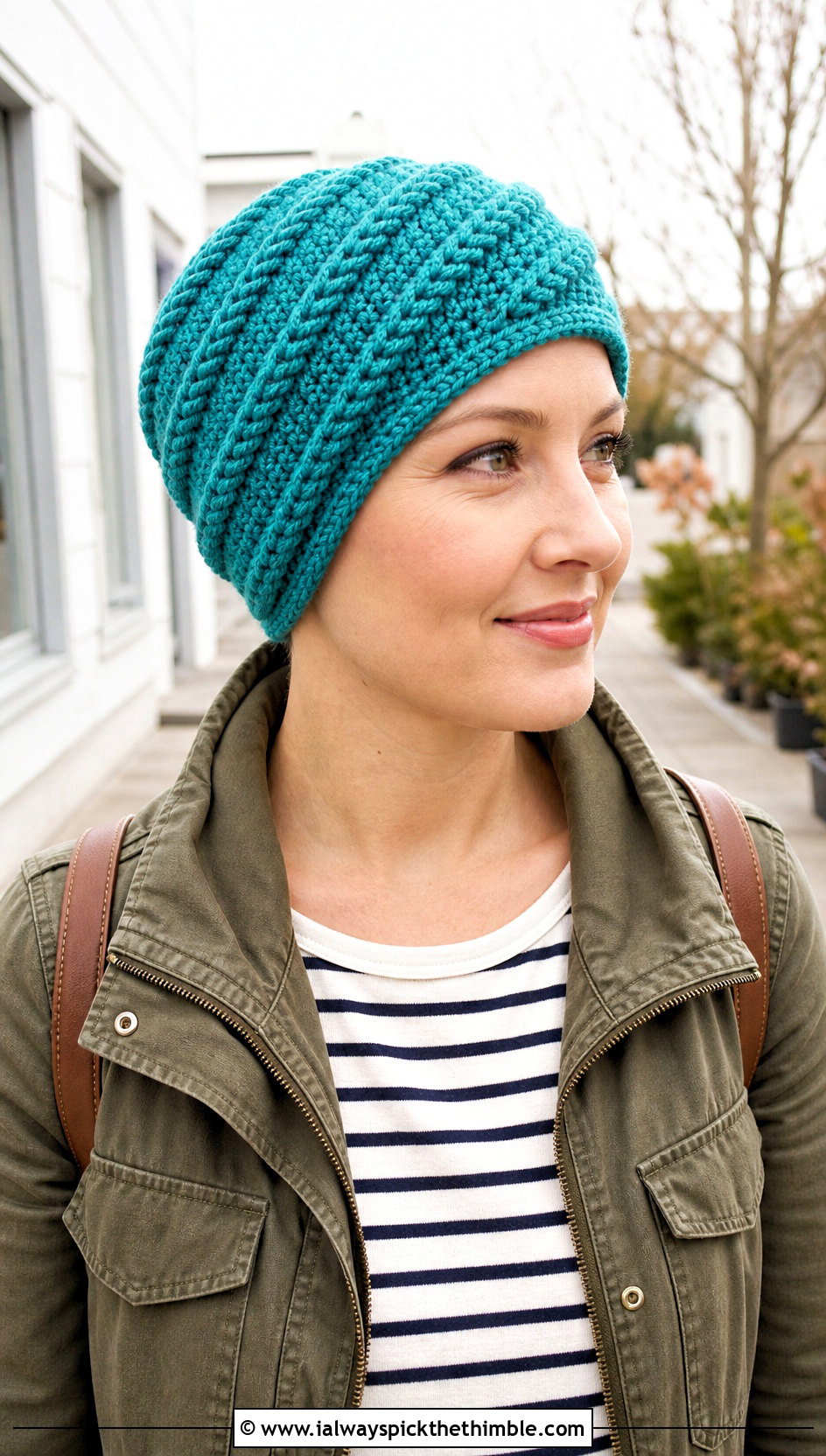 Spiral Stitch Crochet Chemo Beanie With Utility Jacket - 20 crochet chemo hat outfit ideas