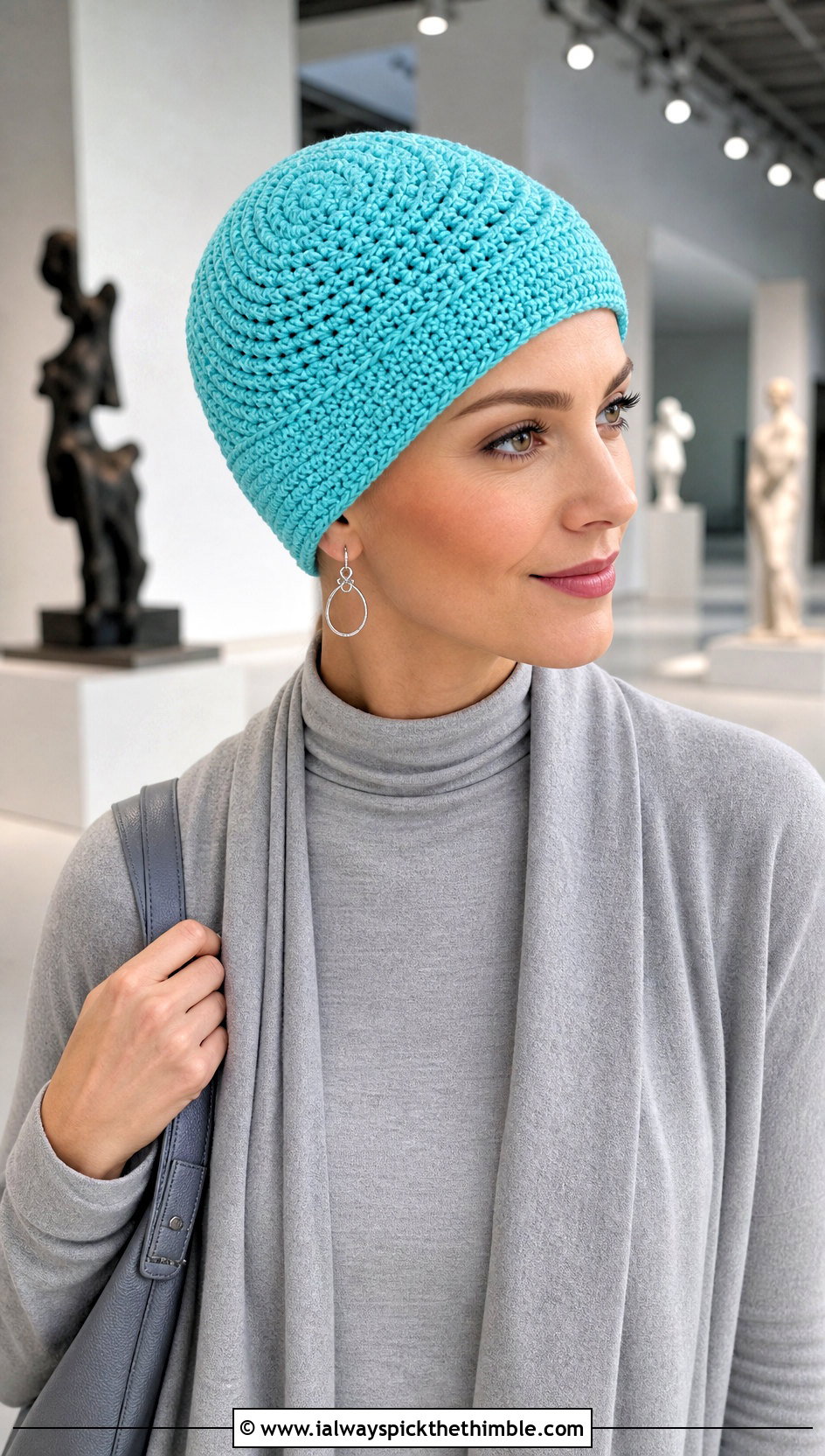 Spiral Stitch Crochet Chemo Cap With Monochrome Outfit - 25 crochet chemo caps outfit ideas
