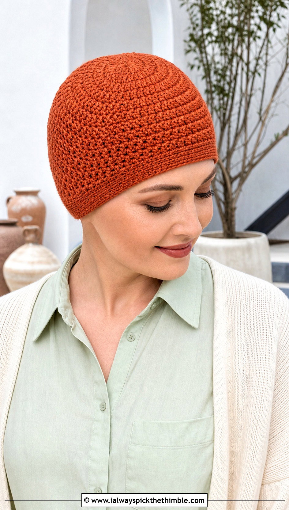Spiral Stitch Crochet Chemo Hat With Shirt Dress - 20 Easy Crochet Chemo Hats outfit ideas