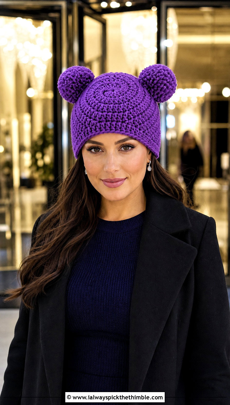 Spiral Stitch Crochet Double Pom Pom Hat With Evening Coat - 20 Crochet Hat With Two Pom Poms outfit ideas