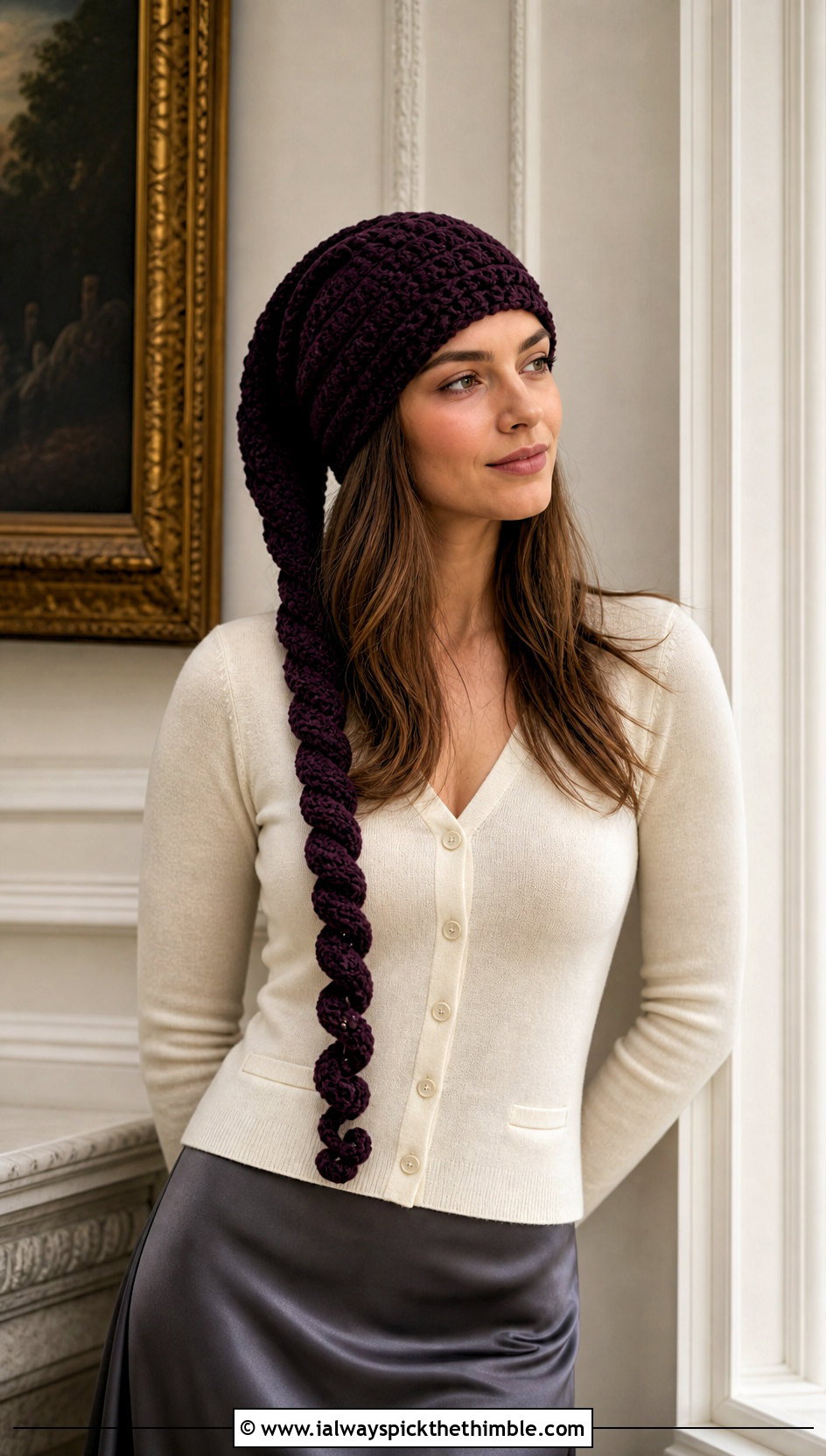 Spiral Stitch Crochet Long Stocking Cap With Satin Skirt - 20 Crochet Long Stocking Cap outfit ideas