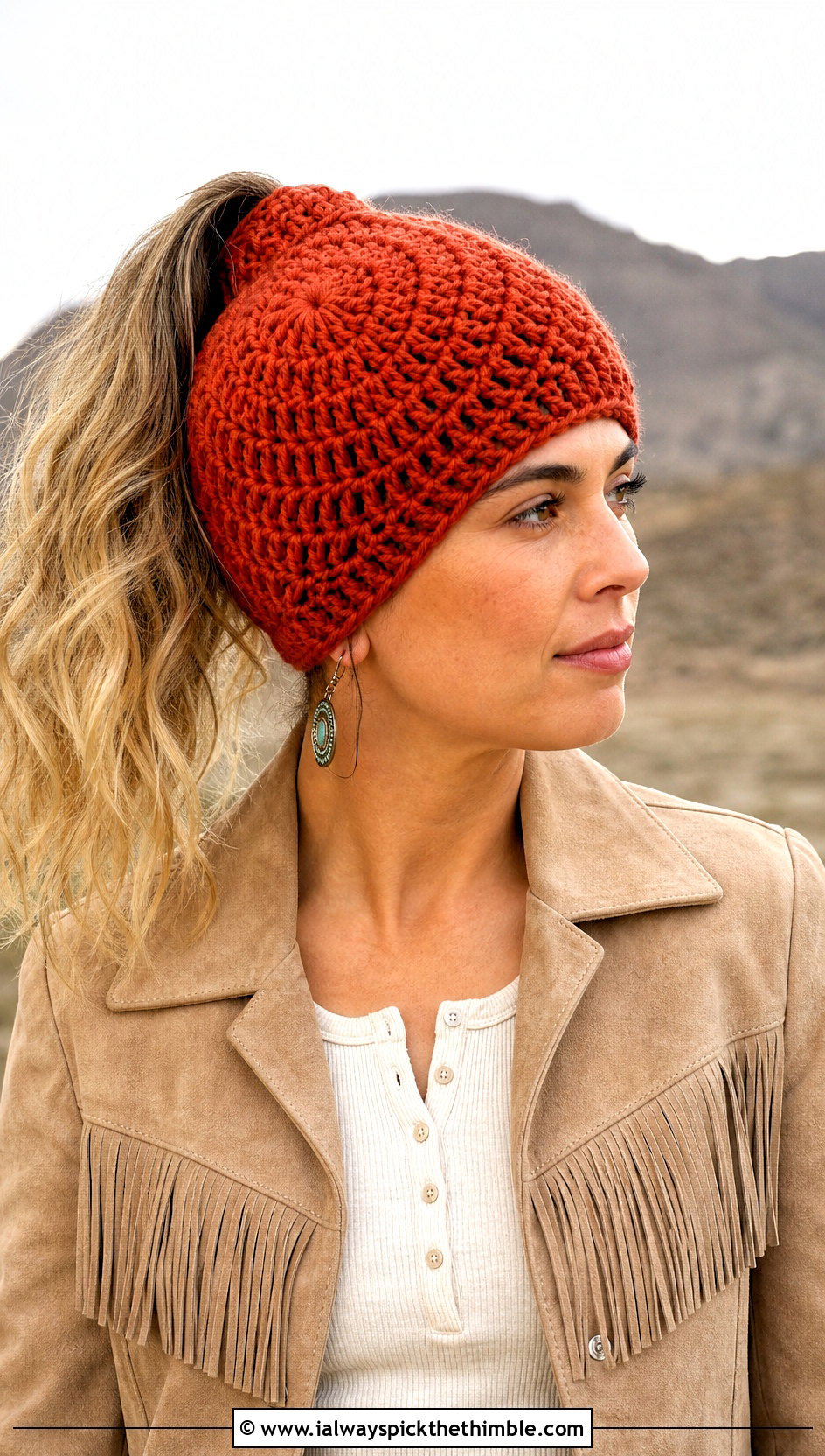 Spiral Stitch Crochet Ponytail Hat With Western Jacket - 25 crochet ponytail hat outfit ideas