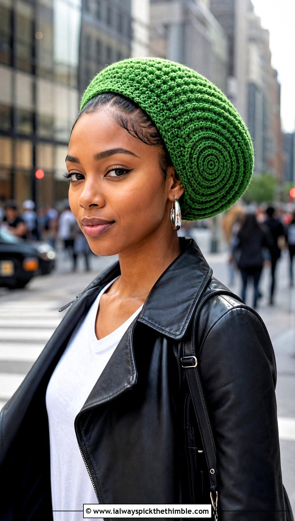 Spiral Stitch Crochet Rasta Tam With Leather Jacket And Black Jeans - 15 Crochet Bob Marley Hat outfit ideas