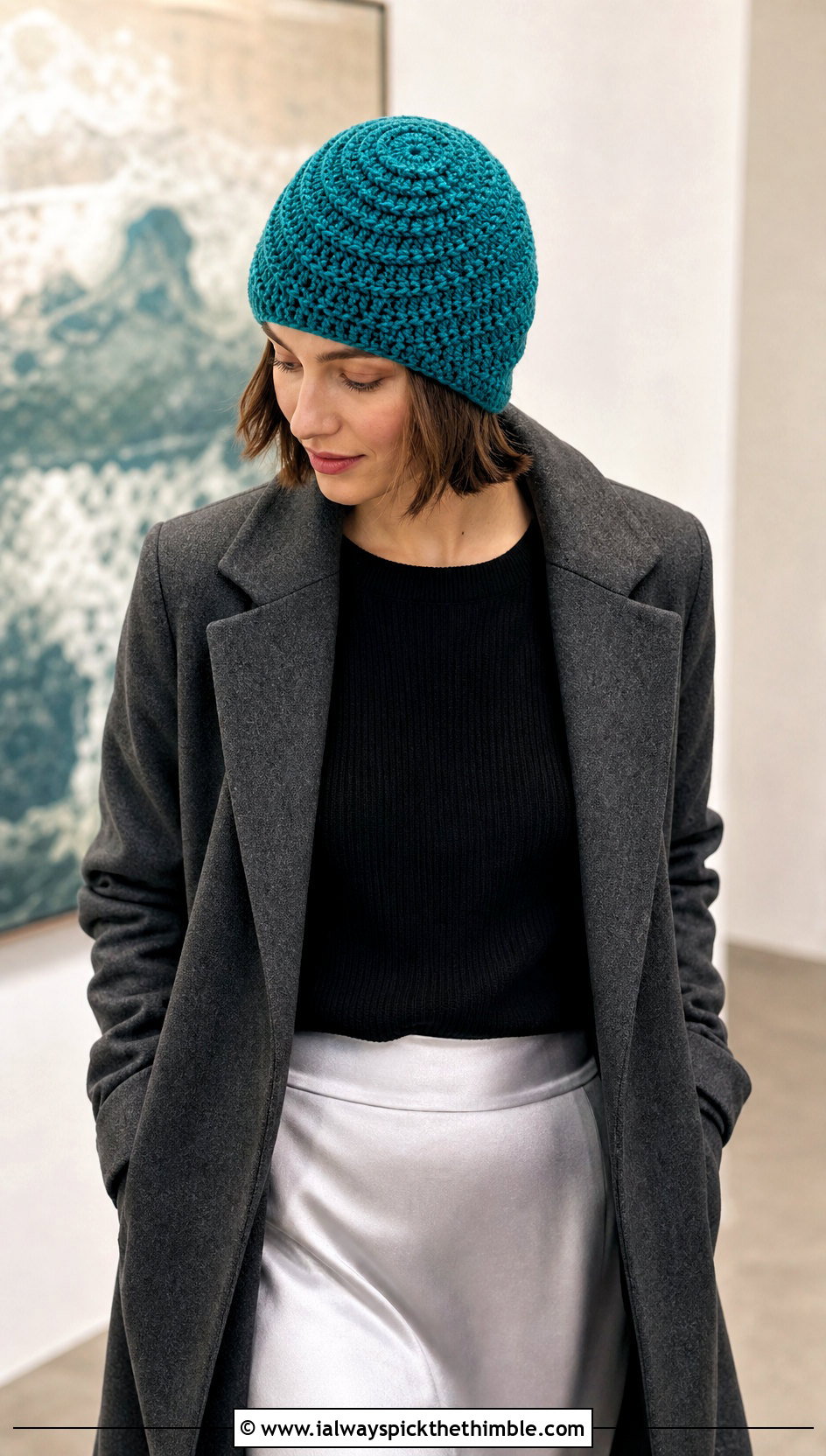 Spiral Stitch Crochet Stocking Cap With Satin Midi Skirt - 20 crochet stocking cap outfit ideas