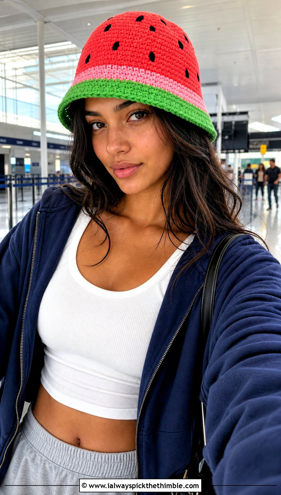 Spiral Stitch Crochet Watermelon Bucket Hat With Track Pants - 20 crochet watermelon bucket hat outfit ideas