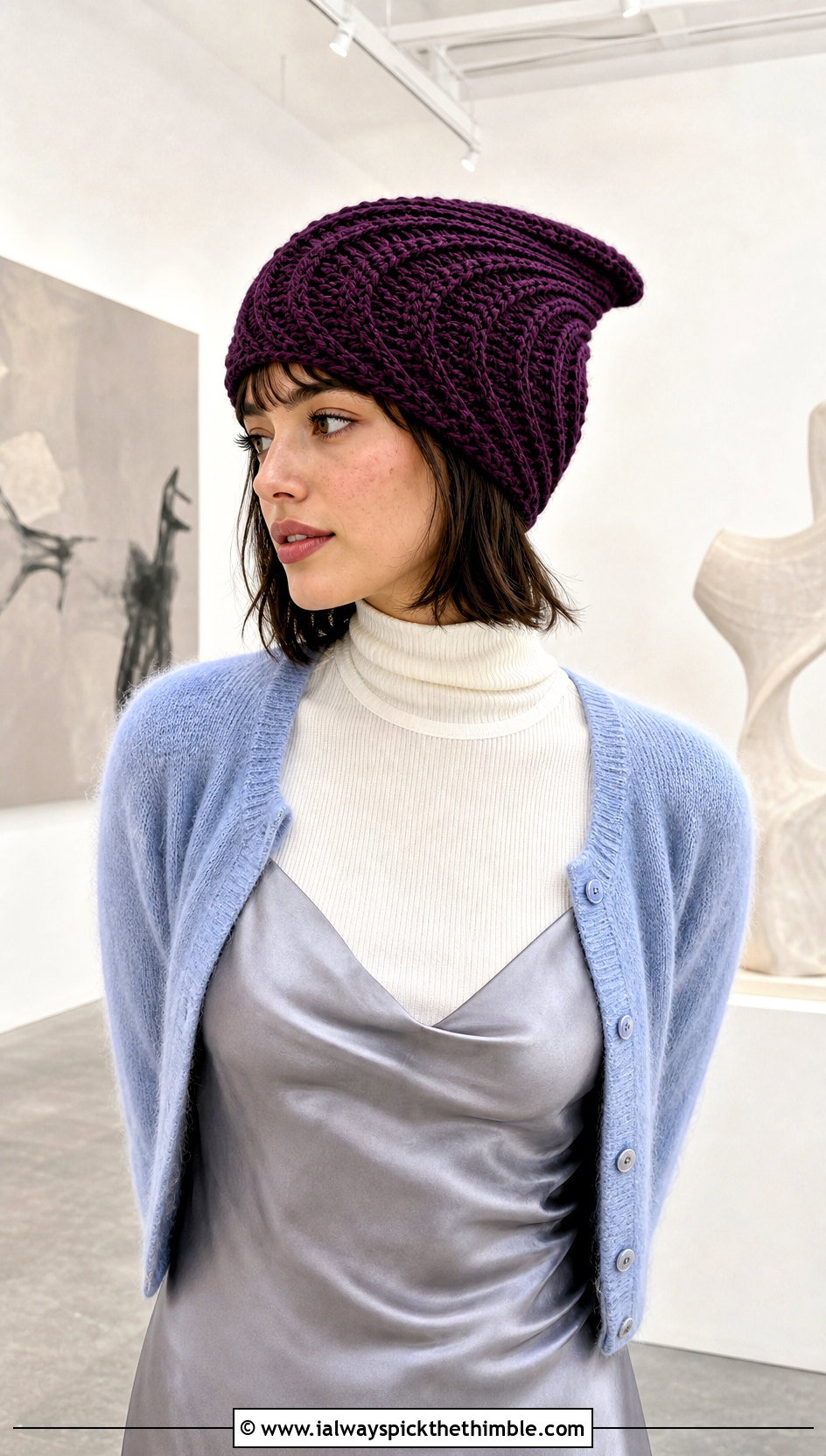 Spiral Stitch Crocheted Stocking Cap With Satin Slip Dress - 15 Crocheted Stocking Cap outfit ideas