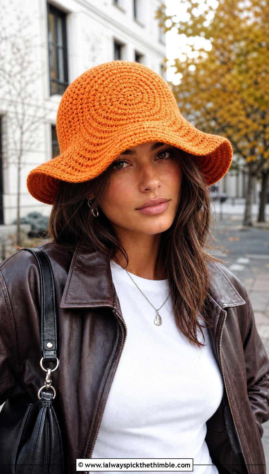 Spiral Stitch Floppy Crochet Hat With Leather Jacket - 20 floppy crochet hat outfit ideas