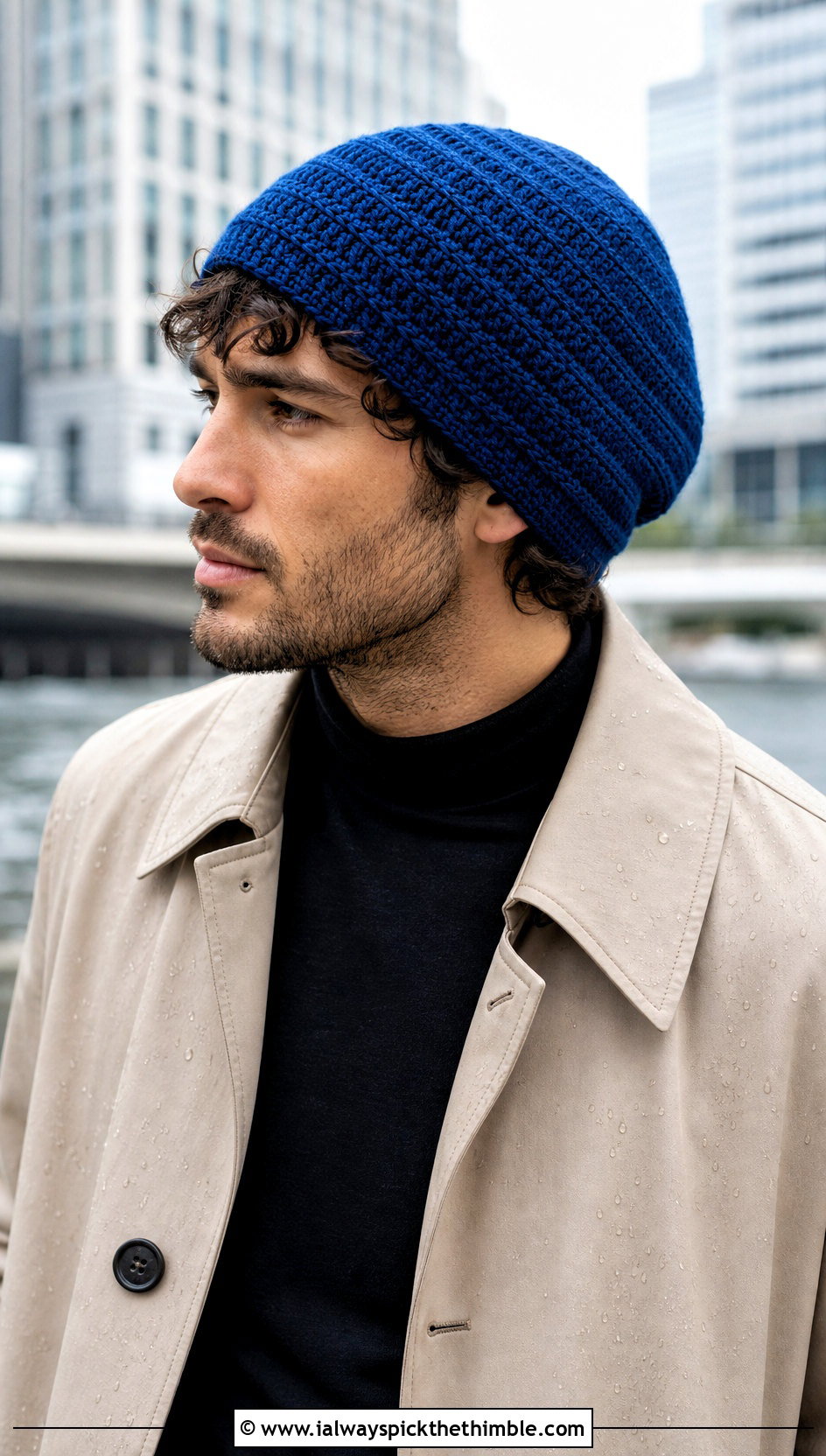 Spiral Stitch Slouch Crochet Beanie With Trench Coat - 20 Mens Slouch Crochet Beanie outfit ideas
