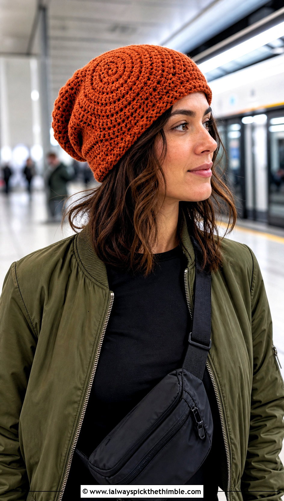 Spiral Stitch Slouchy Crochet Beanie With Bomber Jacket - 20 Easy Slouchy Crochet Beanie outfit ideas