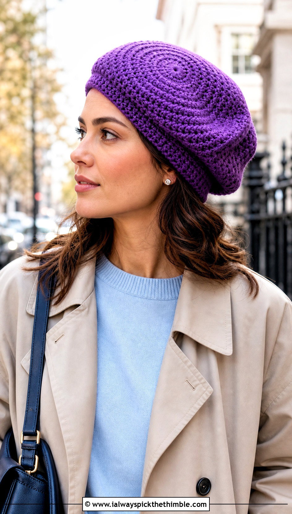 Spiral Stitch Slouchy Crochet Beret With Trench Coat - 20 Slouchy Crochet Beret outfit ideas