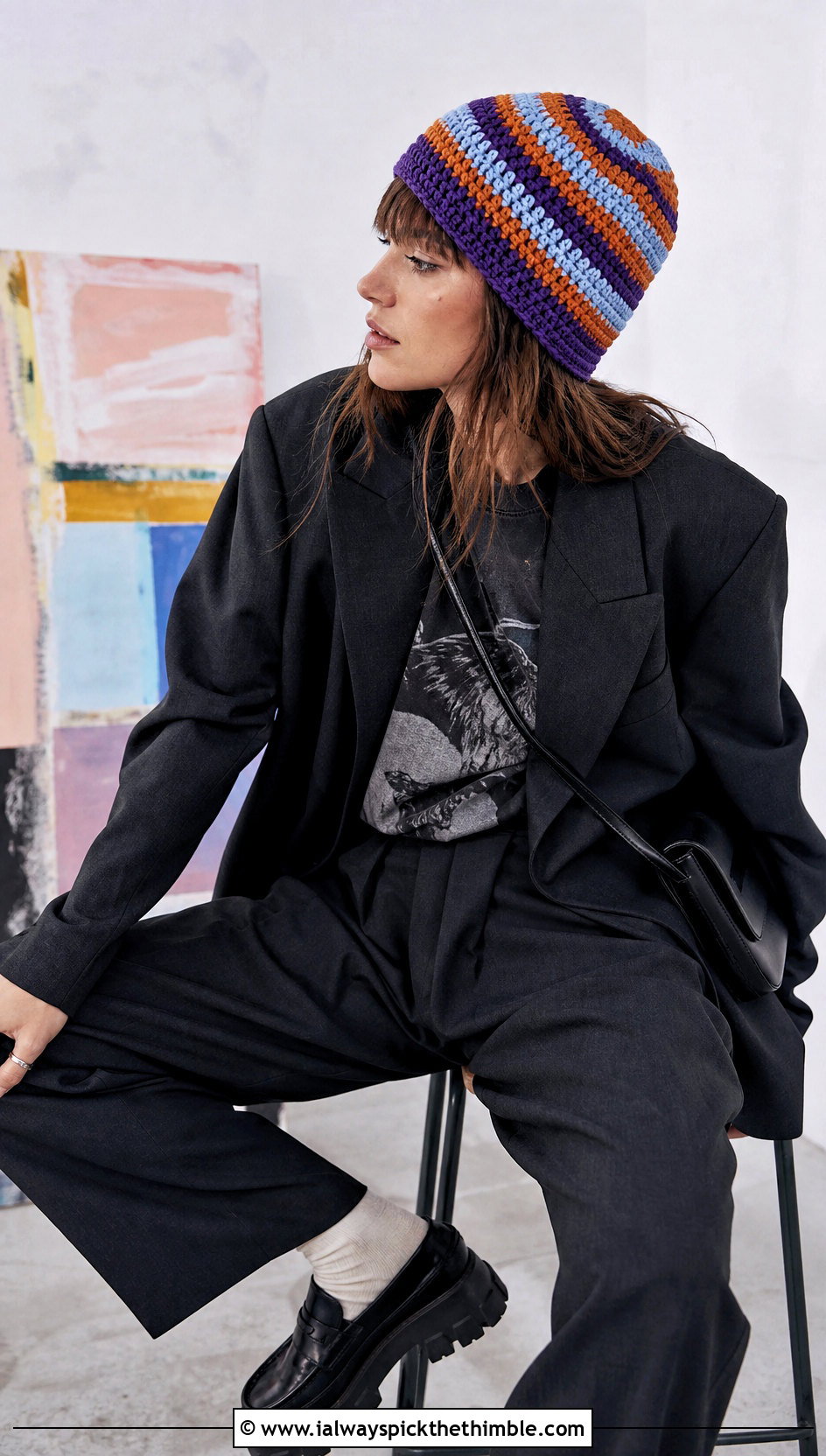 Spiral Stripe Color Block Crochet Beanie With Oversized Suit And Graphic Tee - 20 Color Block Crochet Beanie outfit ideas