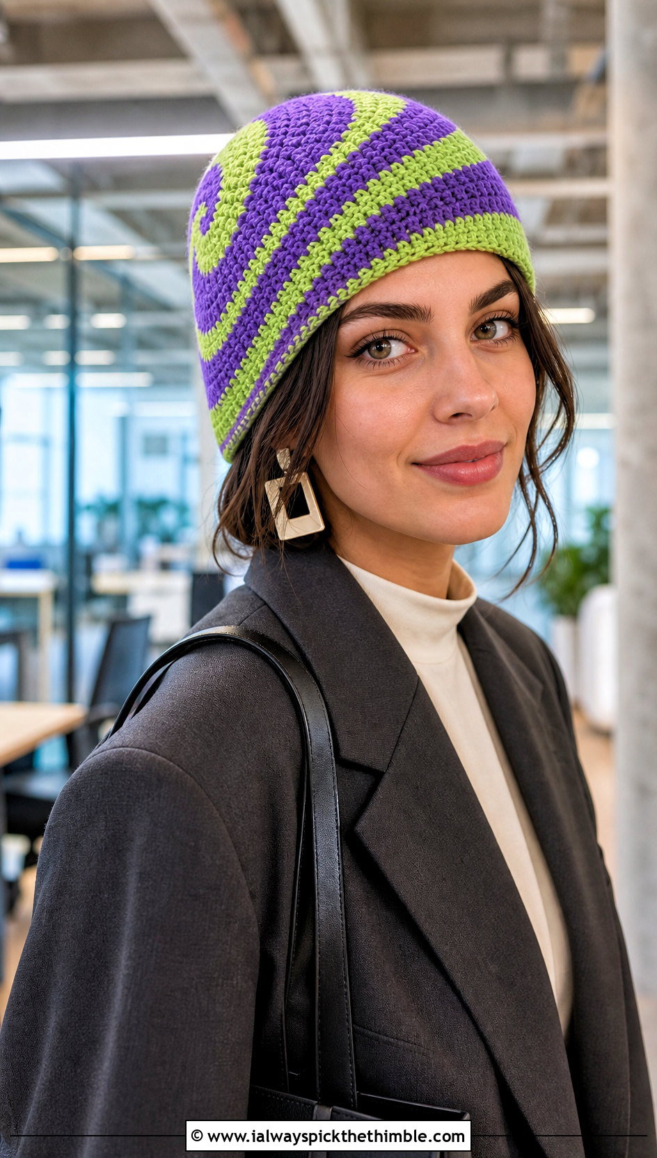 Spiral Stripe Crochet Beanie With Blazer And Trousers - 15 Crochet Striped Beanies outfit ideas