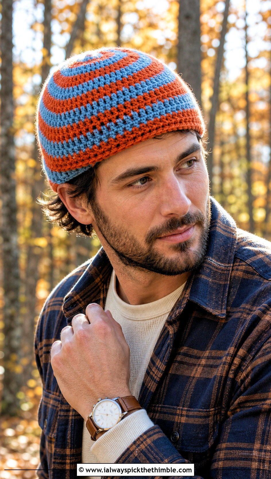 Spiral Stripe Crochet Beanie With Flannel Overshirt - 15 mens striped crochet beanie outfit ideas