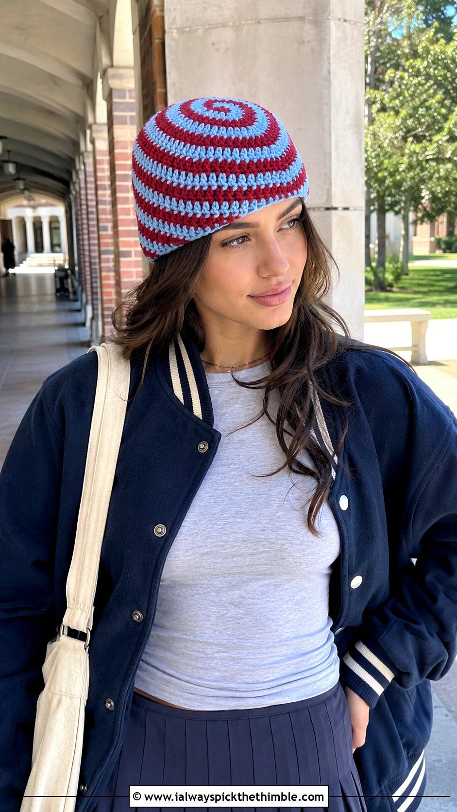 Spiral Stripe Crochet Beanie With Varsity Jacket - 20 2 color crochet beanie hat outfit ideas