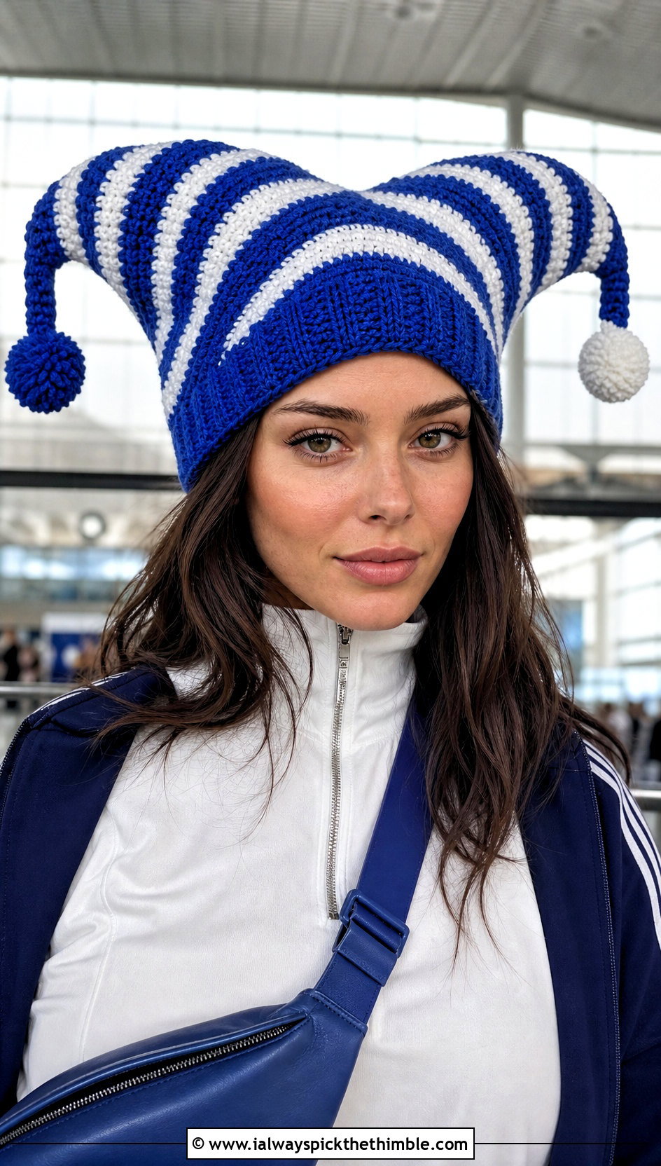 Spiral Stripe Crochet Pomni Hat With Track Pants - 25 Crochet Pomni Hat outfit ideas