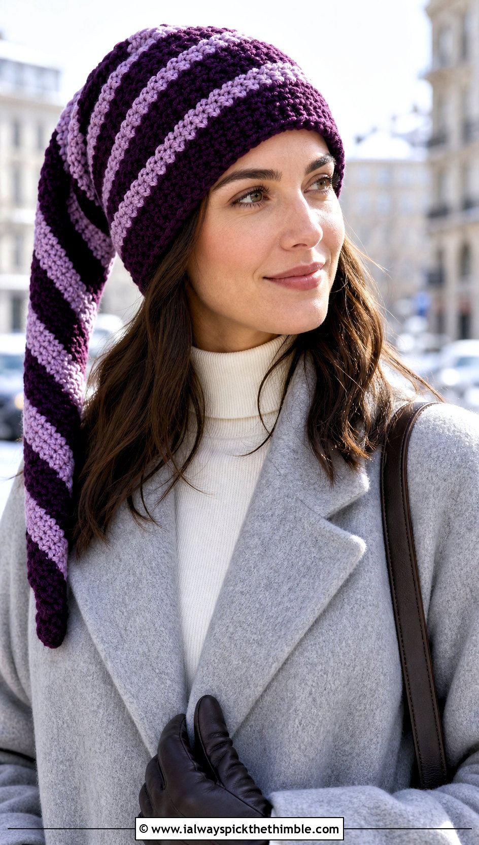 Spiral Stripe Long Crochet Hat With Wool Coat - 20 crochet long hat outfit ideas