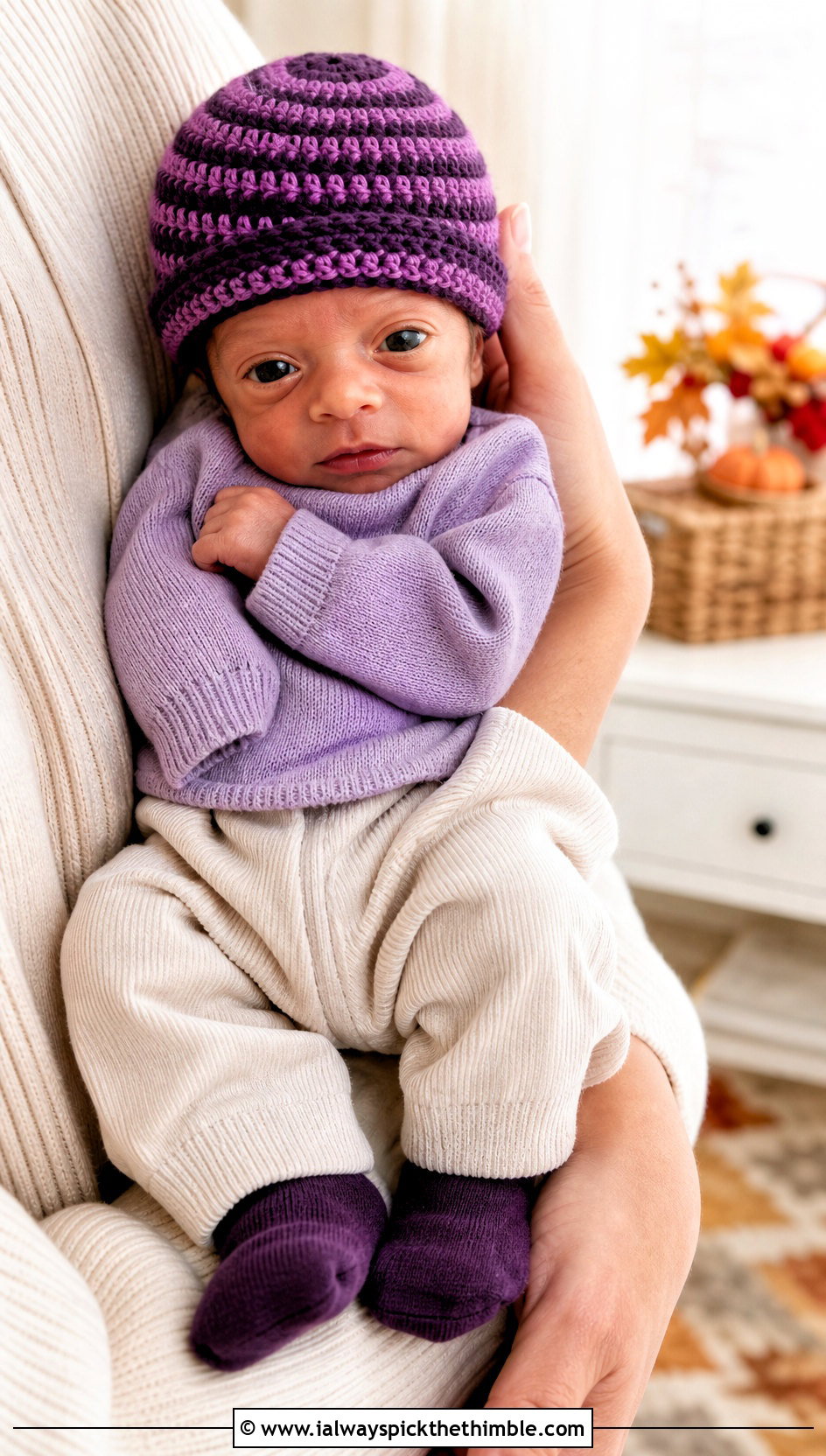 Spiral Stripe Preemie Crochet Beanie With Sweater And Corduroy Pants - 20 premie crochet beanie outfit ideas