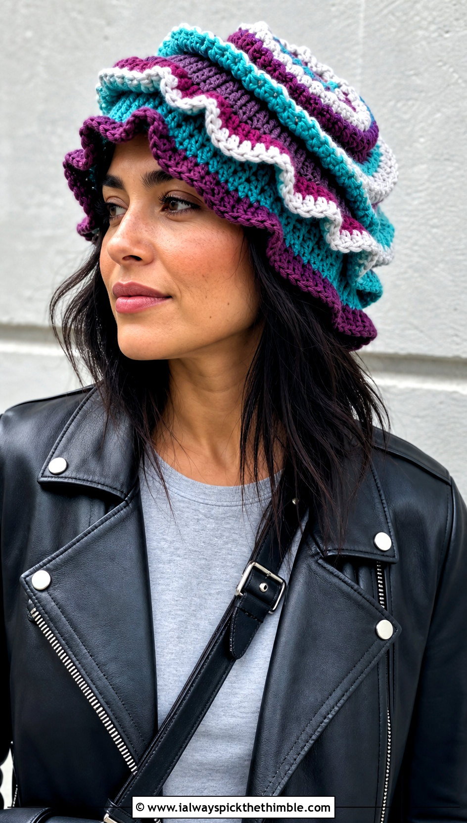 Spiral Stripe Ruffle Crochet Hat With Leather Jacket - 25 ruffled crochet hat outfit ideas